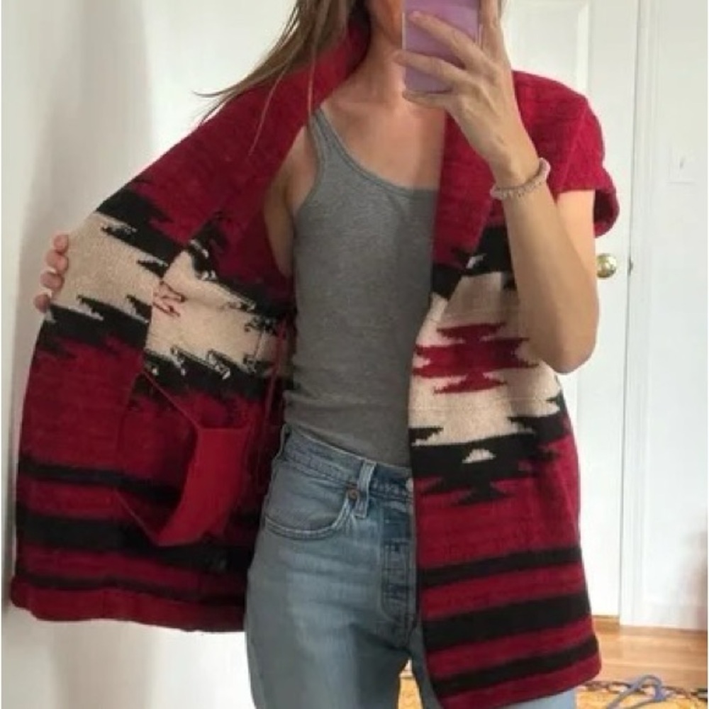 LRL Ralph Lauren Deep Red Native Tribal Aztec Sleeveless Knit Wrap Cardigan, S - Picture 3 of 16